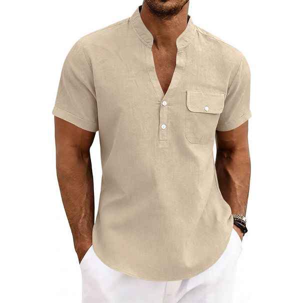 Men's Summer Linen Shirt Loose Fit Casual Commuter Workwear Henley Short Sleeve Simple Mature Style_viptrois.com