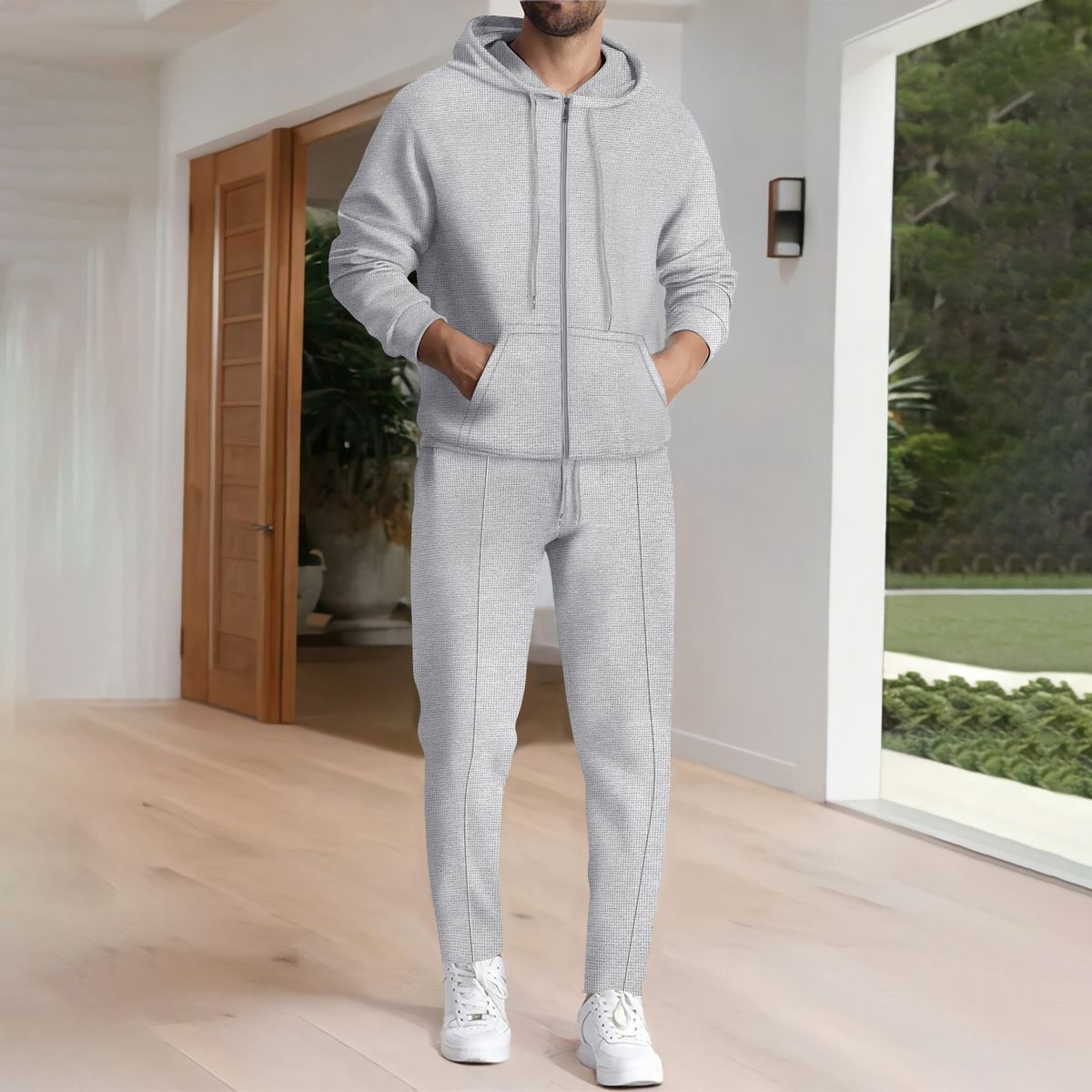Men's Clothing Spring And Autumn Sports Leisure Waffle Hooded Long Sleeved Sweatshirt Suit_viptrois.com