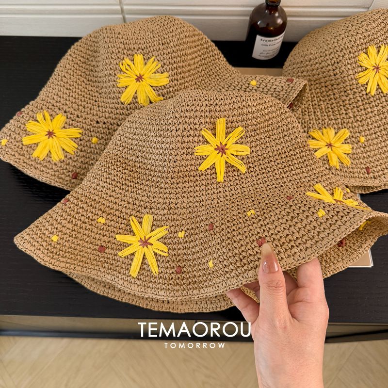 Korean Style ~ Knock Out Piece Embroidery Yellow Daisy Straw Fisherman Hat Female Summer Seaside Sun Protection Straw Hat Folding_viptrois.com