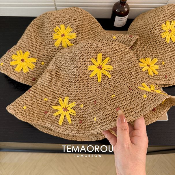 Korean Style ~ Knock Out Piece Embroidery Yellow Daisy Straw Fisherman Hat Female Summer Seaside Sun Protection Straw Hat Folding_viptrois.com