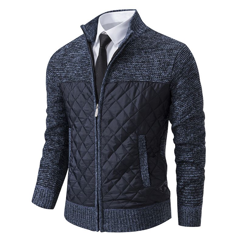 Men's Clothing Casual Stand Collar Sweater Coat Men's Winter Casual Stand Collar Sweater Jacket With Fleece Lining Diamond Grid Knit Cardigan_viptrois.com