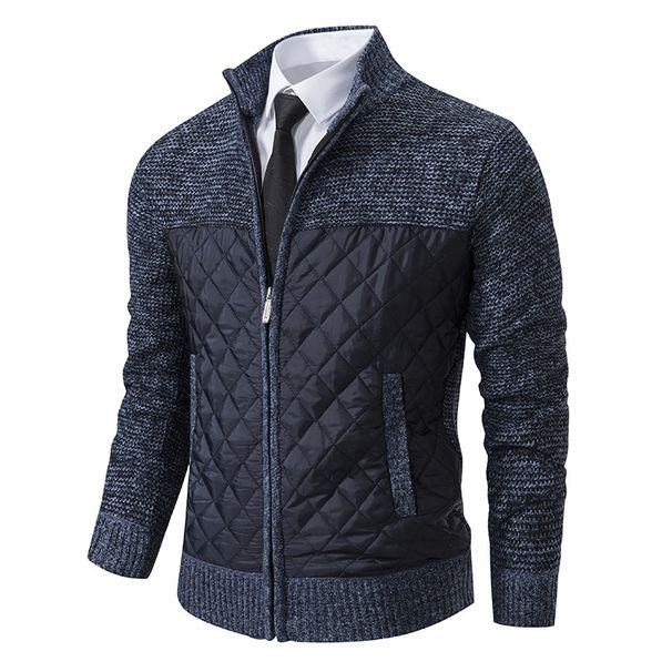 Men's Clothing Casual Stand Collar Sweater Coat Men's Winter Casual Stand Collar Sweater Jacket With Fleece Lining Diamond Grid Knit Cardigan_viptrois.com