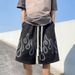 Loose Fitting Five Point Shorts Hip Hop Sporty Style with Flame And Letter Print Casual Elastic Trendy Men's And Women's Bottoms_viptrois.com