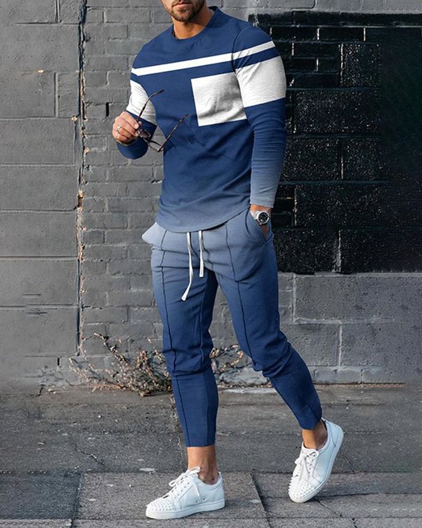 Summer Fashion Tracksuit Set For Men 2 Piece Outfit Long Sleeve T Shirt Trousers Pants Sweatpants Sport Suit Oversized_viptrois.com