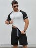 Men's Sports Short Sleeve Shorts Set Elastic Color Block Raglan Sleeves_viptrois.com