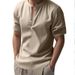 Summer European And American Men's Casual Loose Shirts, Trendy Stand-up Collar Linen Short-sleeved Solid Color Shirts, Plus-size Men's Wear_viptrois.com