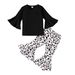 Autumn New Ins Girls' Black Flared Sleeve Top+leopard Print Pants Two-piece Set For Children_viptrois.com