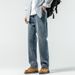Jeans Men's Loose Harlan Straight Drape Rear Bag Embroidery Simple Double Process Washing_viptrois.com