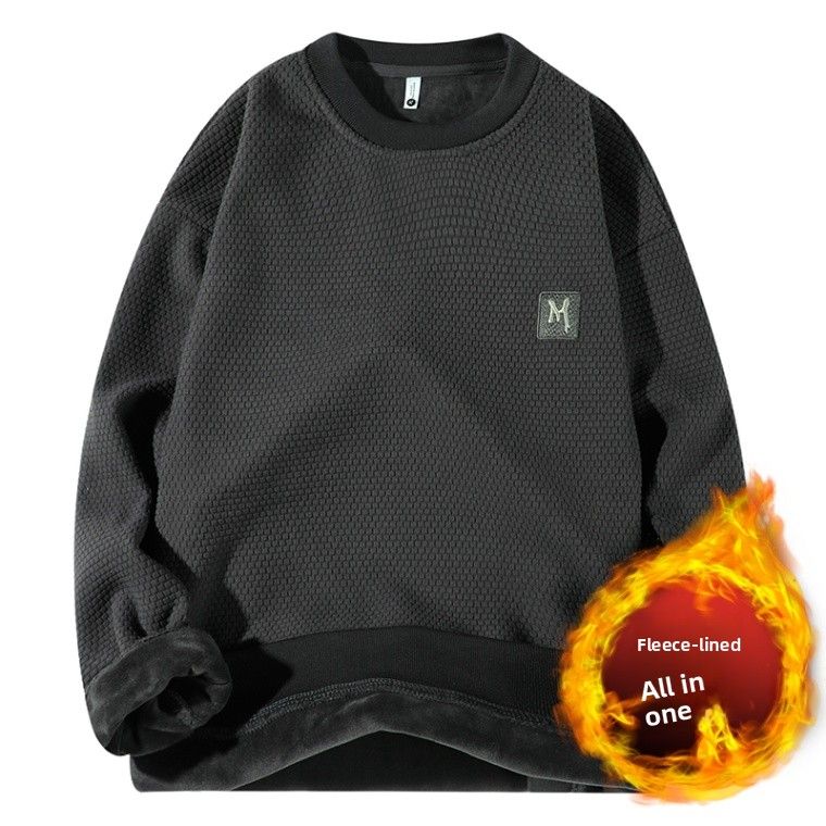 ** Austrian Fleece Waffle Integrated Fleece Sweater Men's Fleece Thickened Crew Neck Thermal Bottoming Shirt **_viptrois.com