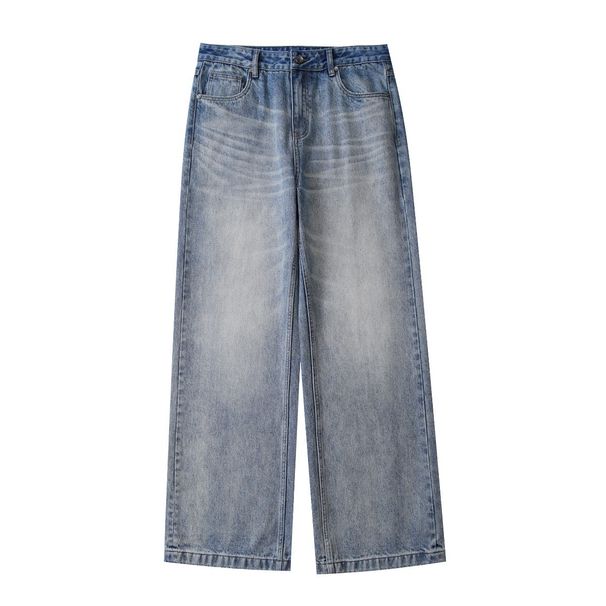 Men's Clothing 2025 Washed Blue And White Gradient Contrast Jeans Loose Casual Straight Floor Length Mid Waist Men's And Women's Trousers_viptrois.com