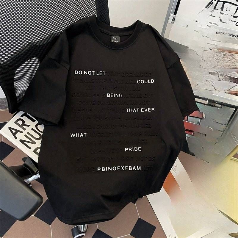 Men's Clothing Heavy Embossed Letter Short Sleeved T Shirt For Men And Women Summer Trendy Loose Oversize Couple Half Sleeved Top_viptrois.com