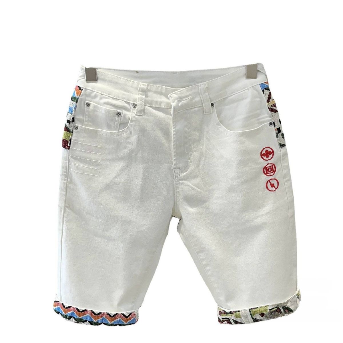 Men's Clothing Summer White Embroidered Denim Shorts Versatile Trendy Casual Straight Elastic Popular Personality Five Point Pants_viptrois.com