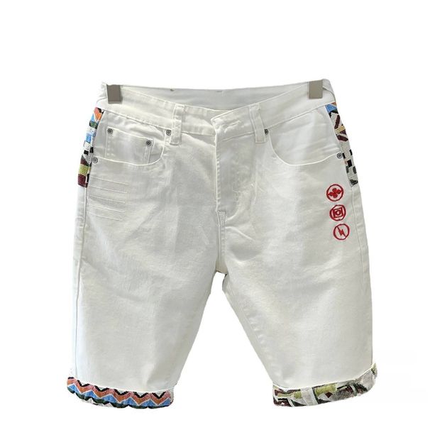 Men's Clothing Summer White Embroidered Denim Shorts Versatile Trendy Casual Straight Elastic Popular Personality Five Point Pants_viptrois.com