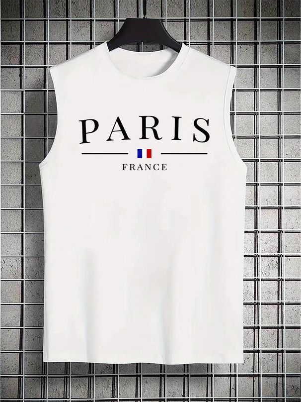 100% Pure Cotton Men's Summer Casual Sports Fitness Loose French Paris Pattern Printed Breathable Round Neck Sleeveless Vest_viptrois.com