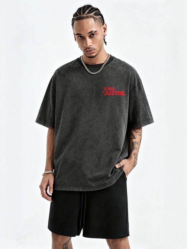 230g Washed Men T-Shirt Red BE BRAD JUSTRE Font Print Short Sleeve Crew Neck Casual Streetwear Top_viptrois.com