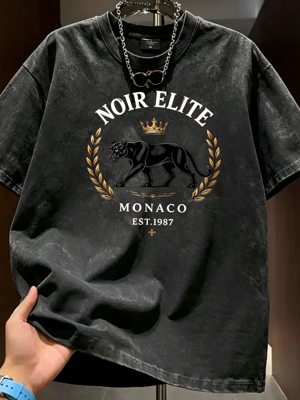 Vintage Washed T-Shirt, Men's Retro Black Panther & Gold Crown Graphic, Luxury Street Style, Casual Loose Tee_viptrois.com