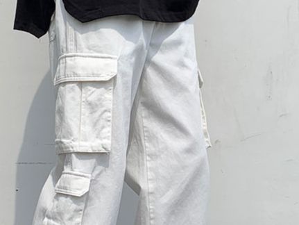 Men's Clothing Cotton White Loose Multi Pocket Functional Style Casual Work Pants_viptrois.com