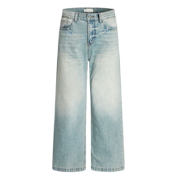 Washed Gradient Jeans Men's Loose Wide-Leg Straight Long Street Fashion Punk Distressed Casual Pants_viptrois.com