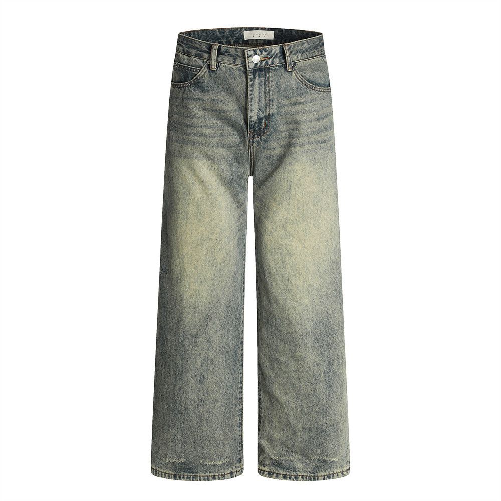 American Punk Vintage Washed Denim Wide-Leg Men's Versatile Loose Dad Faded Wasteland Straight-Leg Pants_viptrois.com