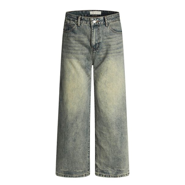 American Punk Vintage Washed Denim Wide-Leg Men's Versatile Loose Dad Faded Wasteland Straight-Leg Pants_viptrois.com