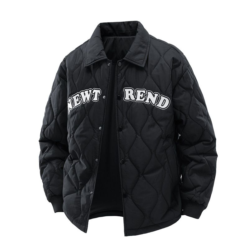 Single-breasted Lapel Padded Coat Men's Rhombus Grid Letter Embroidered Couple Padded Jacket Loose Coat_viptrois.com