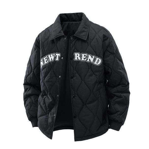 Single-breasted Lapel Padded Coat Men's Rhombus Grid Letter Embroidered Couple Padded Jacket Loose Coat_viptrois.com