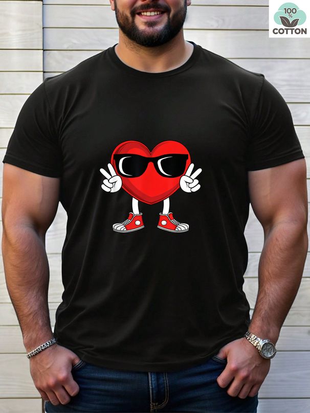 Maglietta Uomo 180g Cotone Puro Estivo Stampa Bambola Cuore Occhiali, Vestibilità Regolare Comoda Design Originale Casual Trendy_viptrois.com