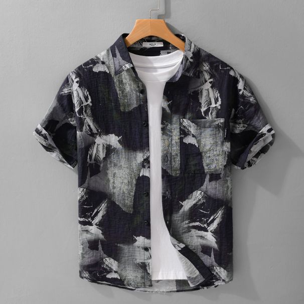 Summer Men's Color Blocked Linen Printed Short Sleeved Shirt, Trendy, Comfortable And Versatile Shirt_viptrois.com