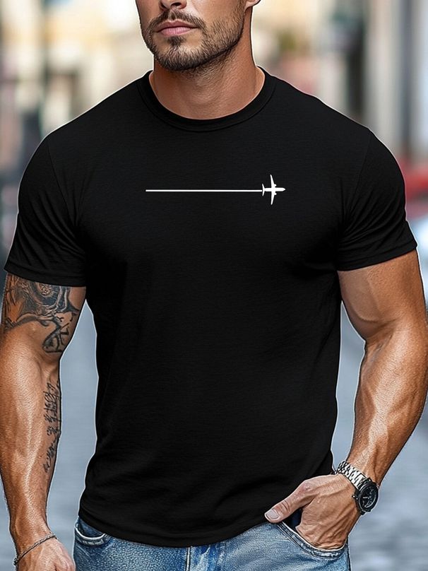 Maglietta Uomo Tinta Unita 180g Cotone Puro Stampa Aereo, Collo Tondo Versatile Per Viaggi E Outfit Casual Estivi_viptrois.com