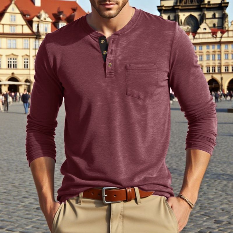 Henley Shirt – Autumn Weight Long Sleeve Tee In Heathered Cotton Blend (Wine/Black/Light Blue/Army Green/White/Brown/Light Grey/Denim Blue)_viptrois.com