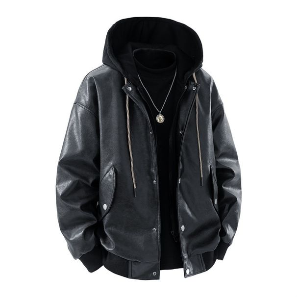 American Retro PU Leather Jacket Men's Hooded Leather Jacket Spring And Autumn Thin Leather Jacket Loose Casual Top_viptrois.com