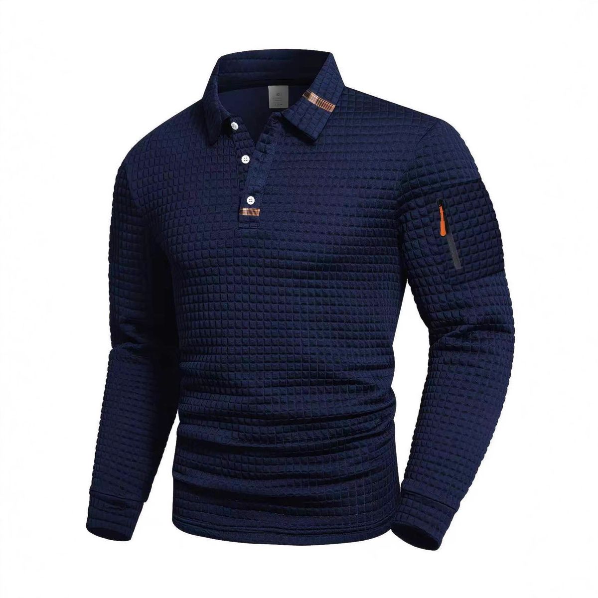 Men's Contrast Collar Polo Shirt - Slim Fit Long Sleeve Button-Up With Zip Accents & Patch Pockets - Breathable Polyester Blend For Casual Wear_viptrois.com