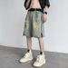 Summer Style Men's Yellow Mud Dyed Distressed Denim Shorts Trendy Side Zipper Slit High Street Retro Casual Five Point Pants_viptrois.com