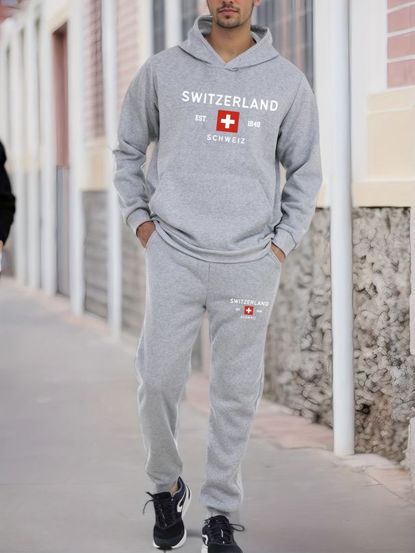 Men's Autumn And Winter Casual Fashion SWITZERLAND Printed Loose Suede Thick Hooded Sweatshirt+sports Pants Set_viptrois.com