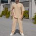"Men's Waffle Knit Short Sleeve Set – Breathable Loose Fit Crew Neck T-Shirt & Casual Pants (Black/Grey/Khaki/Green, Sizes S-XXXL)"_viptrois.com