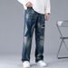 Men's Autumn New Ripped Jeans Patch Loose Straight Wide Leg Trendy Casual Men's Pants_viptrois.com