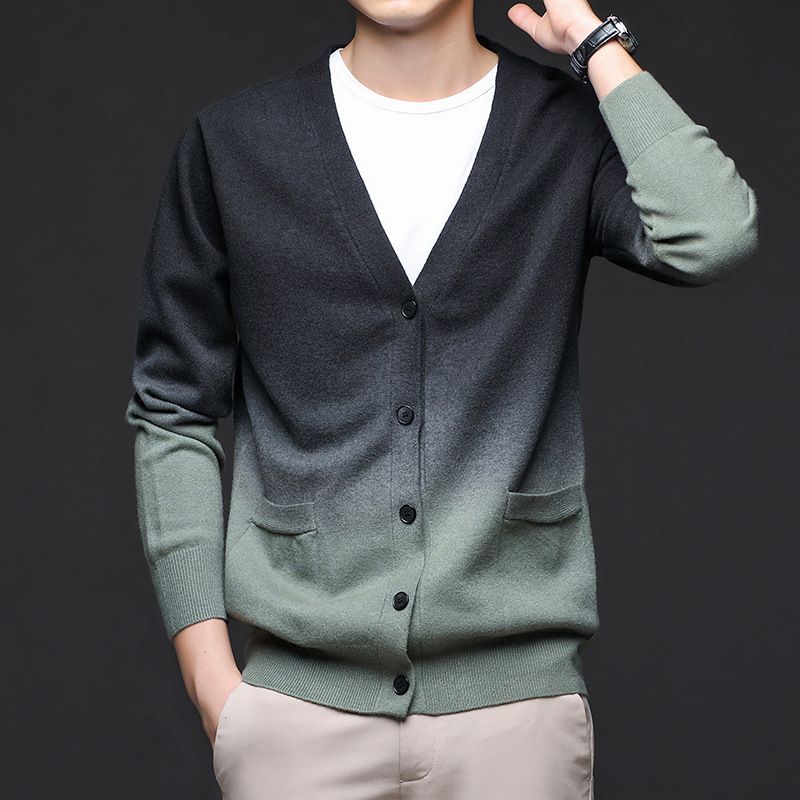 Men's Slim-Fit Gradient V-Neck Knit Cardigan – Korean-Style Lightweight Sweater For Autumn, Casual Layering Pullover_viptrois.com