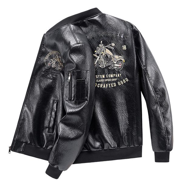 Autumn Leather Flight Jacket Jacket Fat Motorcycle Suit Fattened Plus Size Embroidery Fashion Stand-Up Collar Men's Wear_viptrois.com