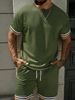 2026 Summer European Men's Solid Color Casual Sport Stripe Round Neck Short Sleeve Shorts Set_viptrois.com