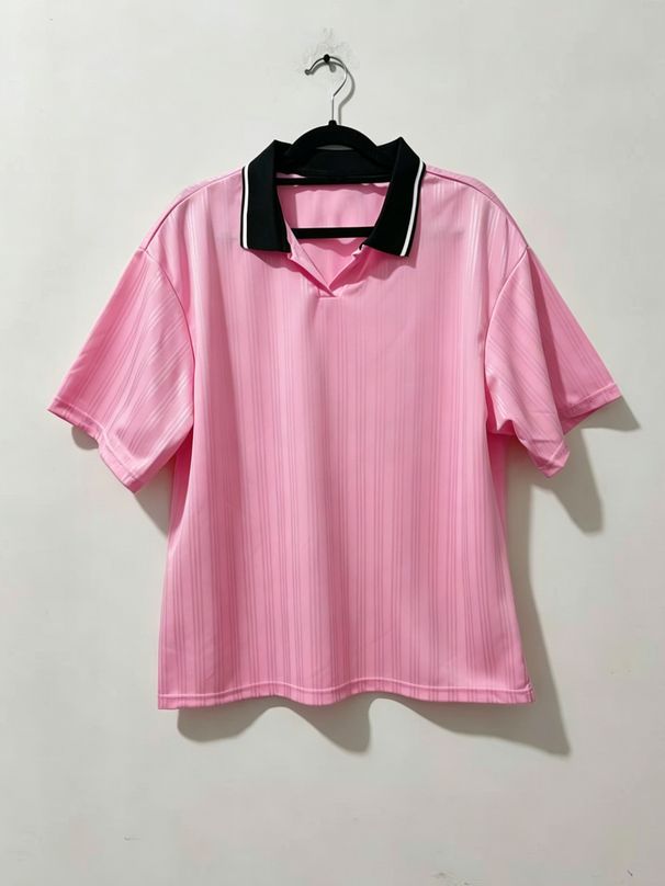 Men's Contrast Collar Striped Textured Polo Shirt, Casual V-Neck Short Sleeve Top_viptrois.com