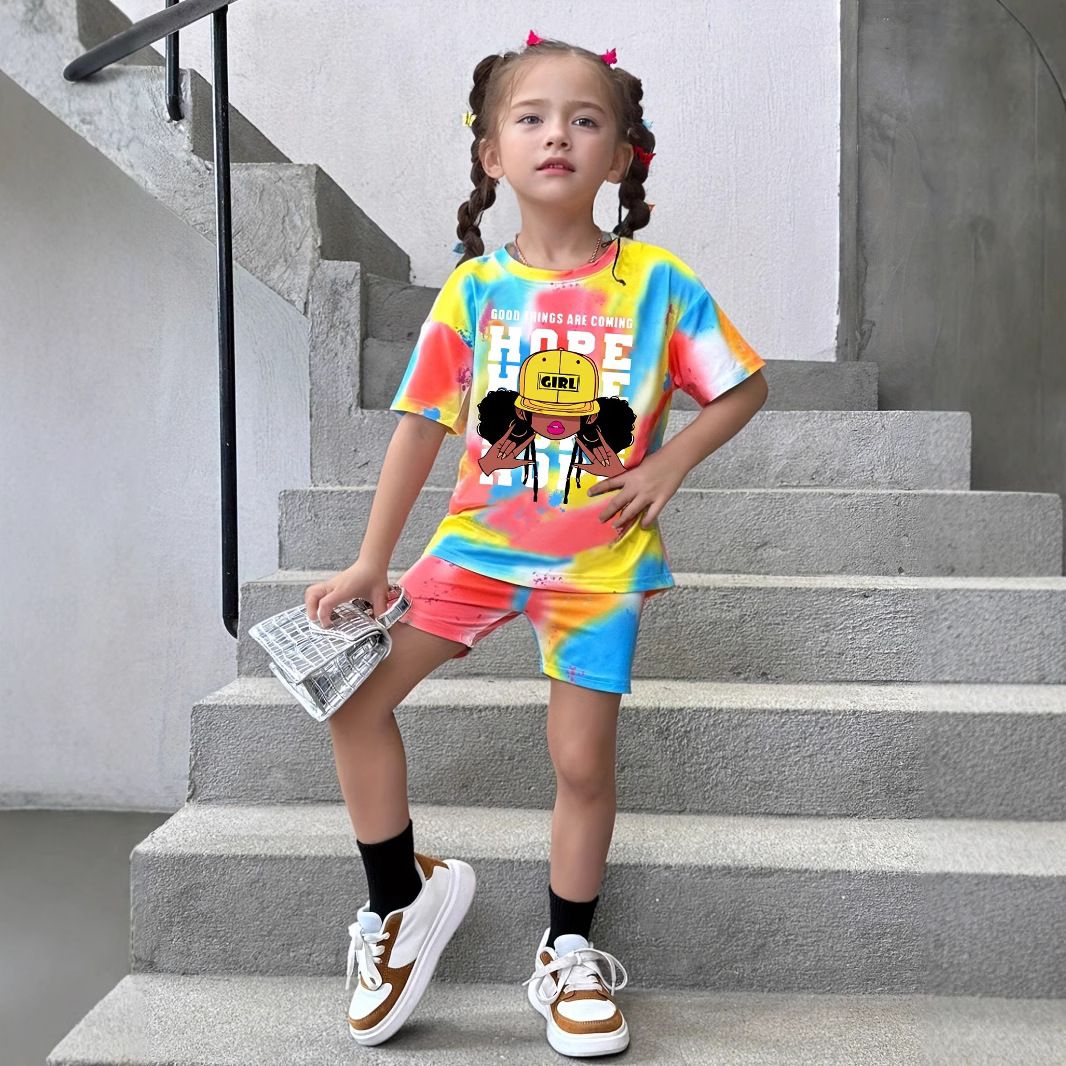 Mother & Kids INS Girls Summer Casual Tie Dye Full Print Short Sleeved 2 Piece Set Fashion Casual Sports Suit_viptrois.com