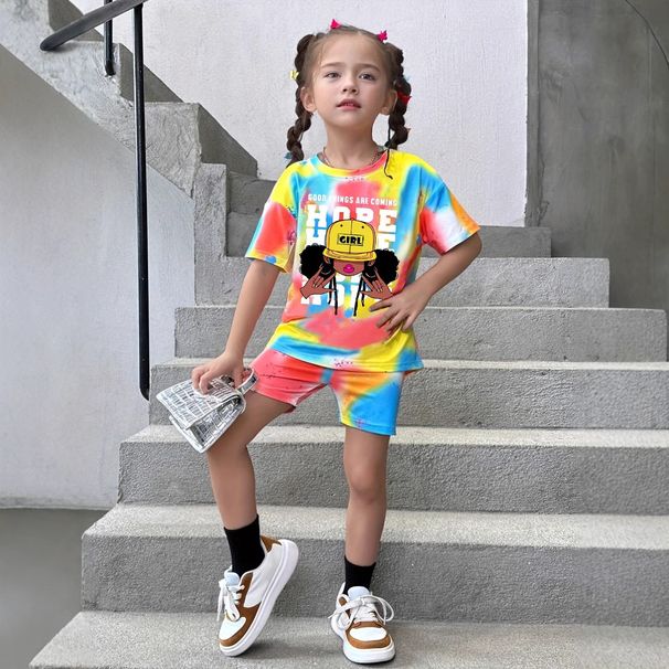 Mother & Kids INS Girls Summer Casual Tie Dye Full Print Short Sleeved 2 Piece Set Fashion Casual Sports Suit_viptrois.com