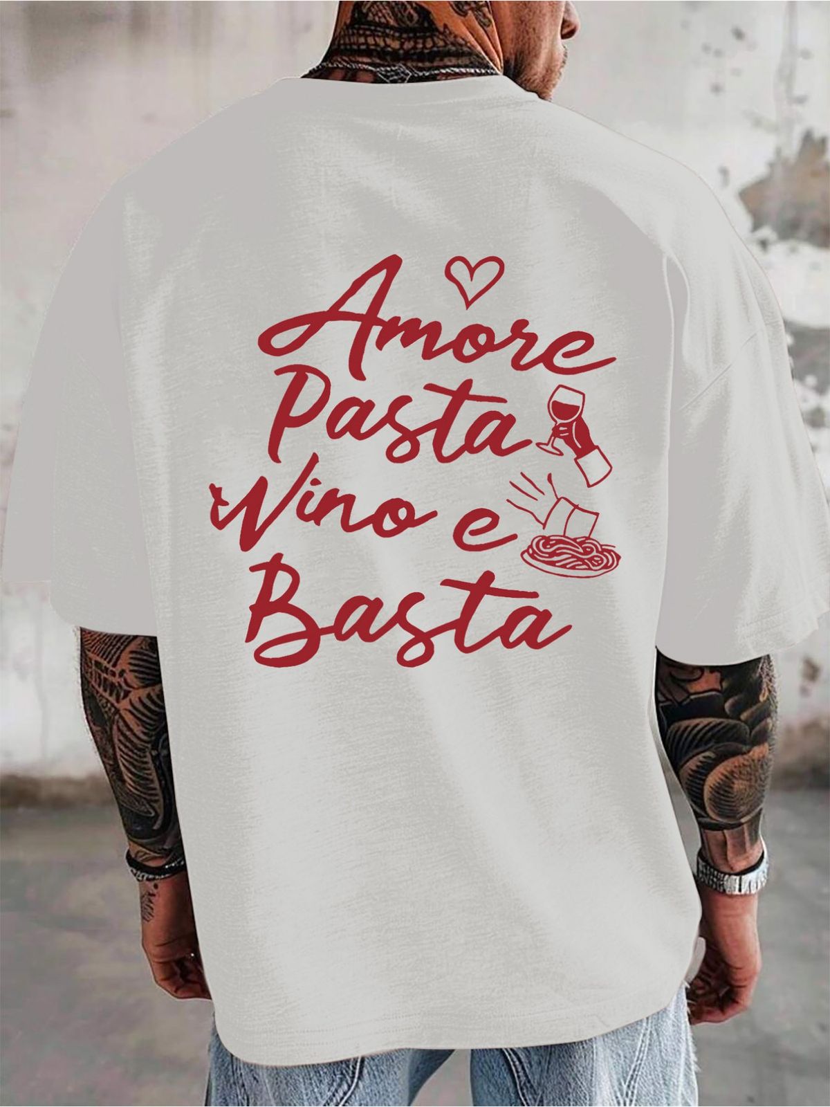 Maglietta Uomo 180g Cotone Puro Stampa Pasta Vino Frase Italiana Traspirante Regalo Appassionati Cultura Italiana Taglio Regolare_viptrois.com