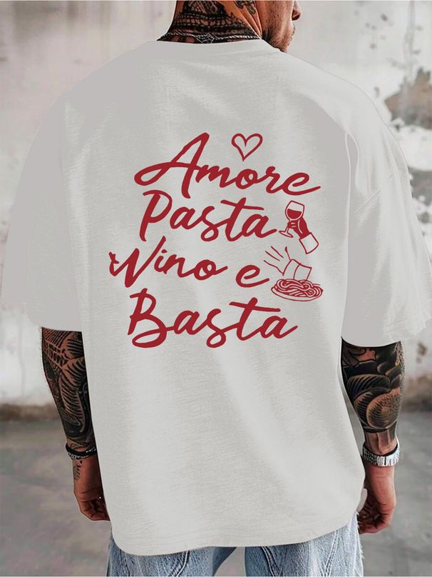 Maglietta Uomo 180g Cotone Puro Stampa Pasta Vino Frase Italiana Traspirante Regalo Appassionati Cultura Italiana Taglio Regolare_viptrois.com