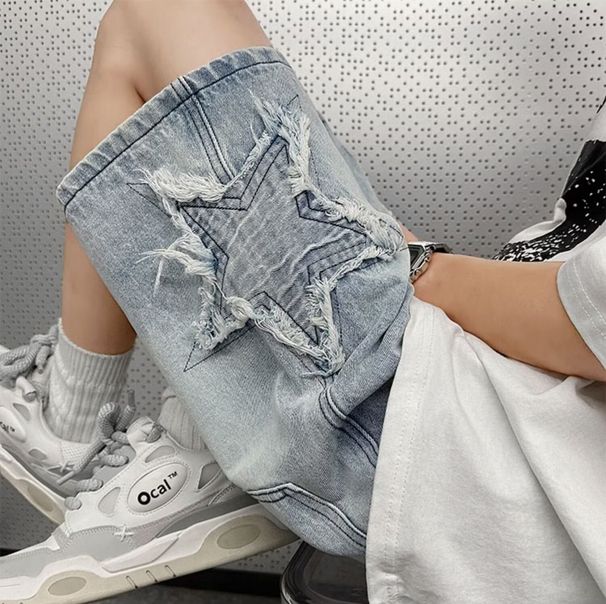 Summer Washed Distressed Denim Shorts Men's Pentagonal Loose High Street Pants Trendy Brand Trendy Five-quarter Pants_viptrois.com