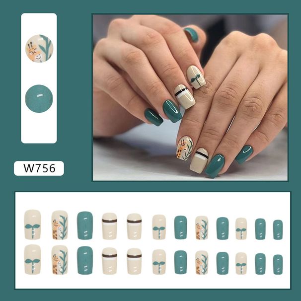 Natural Clear Lake Green Cute Animal Nail Art Giraffe Leaves Nails Children's Fun Wear Nail Polish Piece_viptrois.com