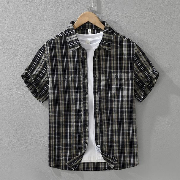 Retro Checkered Short Sleeved Shirt For Men, Fashionable And Versatile, Artistic And Casual Loose Top_viptrois.com