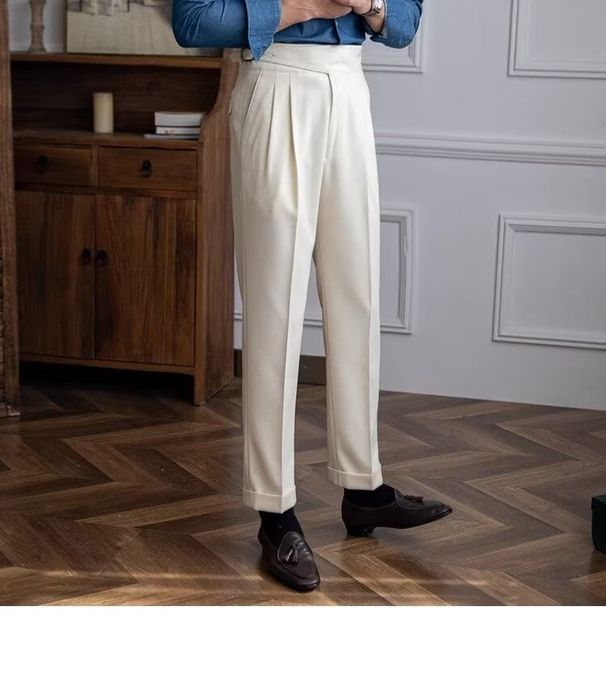 Men's Clothing Casual High Waist Suit Trousers Men Autumn Paris Buckle Business Drape Straight Trousers Naples Retro Drape Suit Trousers_viptrois.com