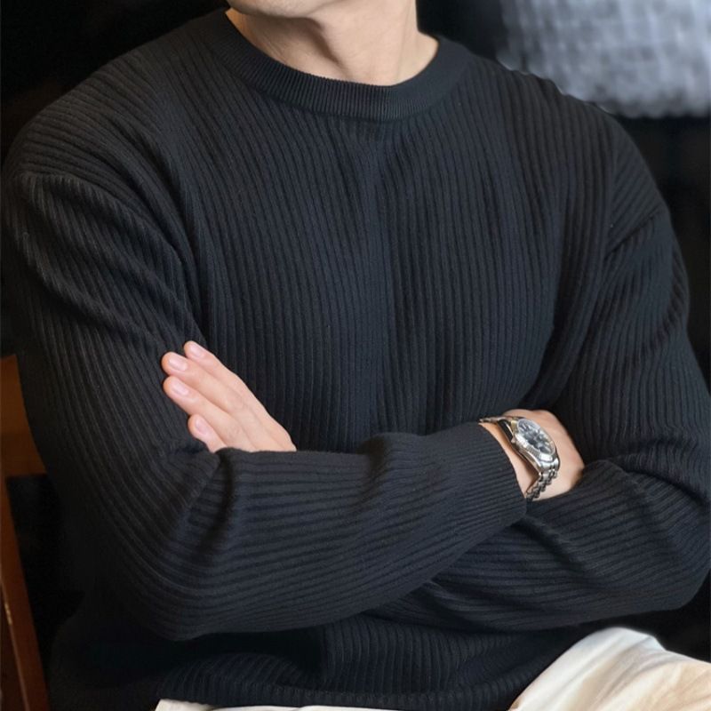 Men's Vertical Striped Knit Sweater - Casual Long Sleeve Crewneck Pullover For Autumn & Winter_viptrois.com