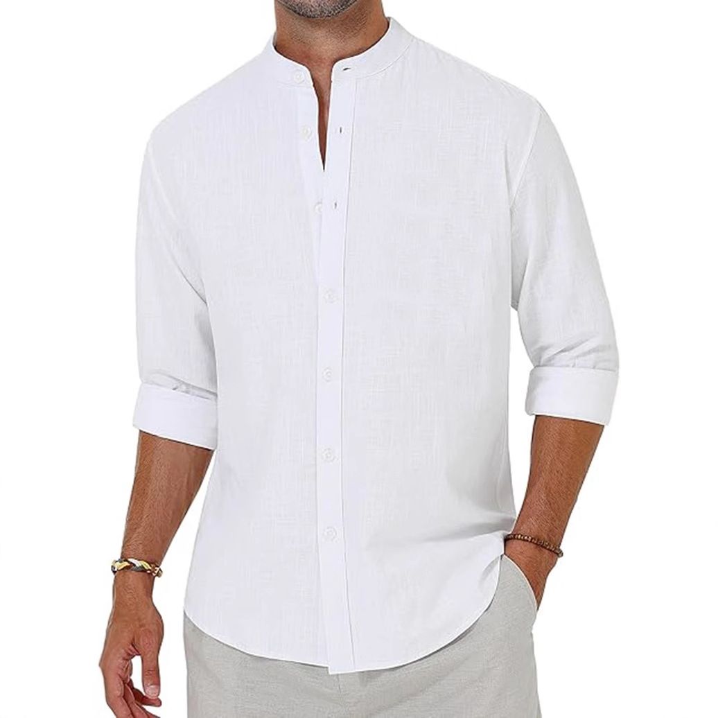 Men's Clothing Loose Casual Men's Linen Breathable Solid Color Simple Long Sleeved Shirt Stand Collar Cotton And Linen Cardigan Men_viptrois.com